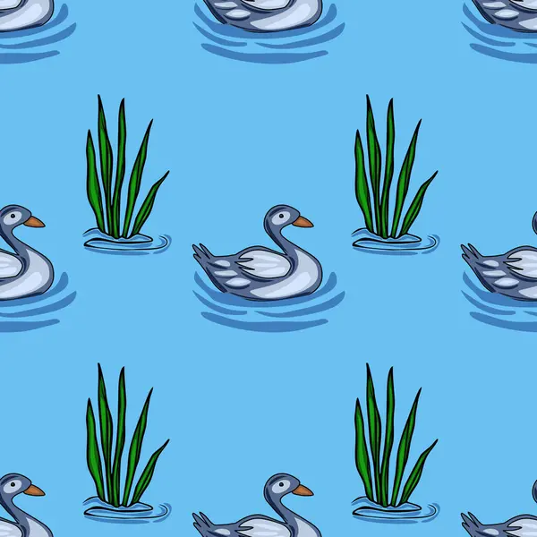 Sakin, açık mavi bir göl üzerinde zarif yeşil kamışların arasında yüzen biçimlenmiş ördekleri içeren büyüleyici, pürüzsüz bir vektör deseni sakin ve eğlenceli bir su manzarası yaratıyor..
