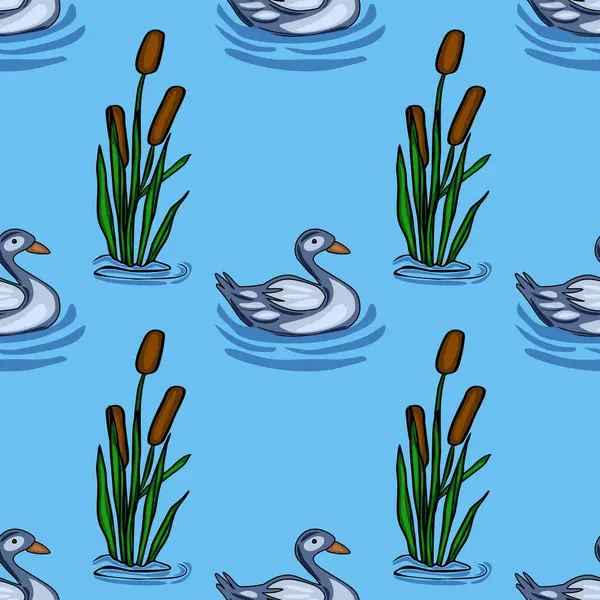 Hareketli yeşil sazlıklar ve sakin açık mavi göl arka planında kahverengi kuyruklar arasında yüzen biçimlendirilmiş gri ördekleri içeren sakin vektörsüz desen..