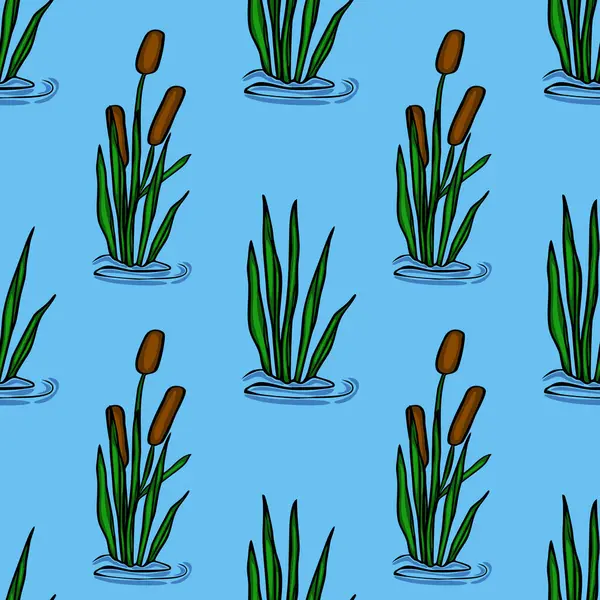 Stilize Typha latifolia (yaygın kanat kuyruğu) bitkilerini içeren kusursuz vektör deseni, durgun mavi sudan ortaya çıkarak, çeşitli uygulamalar için sakin ve doğal bir tasarım yaratmaktadır..