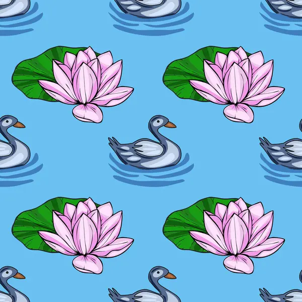 Zarif gri ördeklerin sakin, açık mavi bir göl üzerinde canlı pembe nilüferler arasında yüzerek huzurlu ve uyumlu bir su manzarası oluşturduğu sakin vektörsüz bir desen..