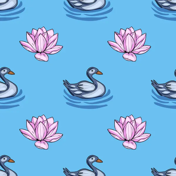 Pembe nilüferlerin arasında, sakin, açık mavi bir zemin üzerinde yüzen şekillendirilmiş gri ördekler, sakin ve zarif bir tasarım yaratıyor..