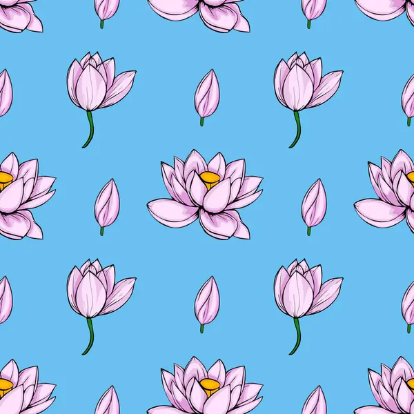 Zarif pembe nilüfer çiçekleri ve parlak mavi arkaplandaki tomurcukları içeren kusursuz bir vektör deseni, çeşitli uygulamalar için mükemmel, sakin ve zarif bir tasarım yaratıyor..