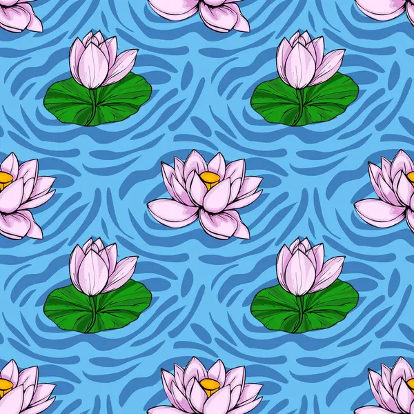 Dinamik mavi su dokusu üzerinde çiçek açan stilize pembe nilüfer çiçekleri içeren hareketli ve pürüzsüz bir desen, sakin ve zarif bir tasarım yaratıyor..