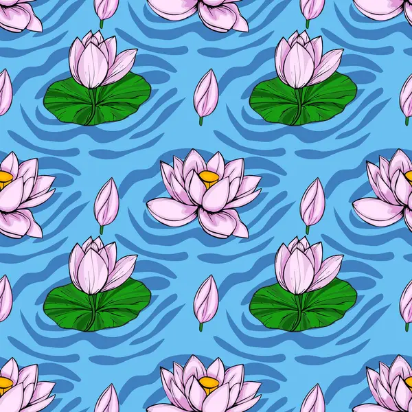 Şekillendirilmiş pembe nilüfer çiçekleri ve tomurcukları dalgalı dokusu olan canlı mavi bir su arka planında yüzen kusursuz vektör deseni..