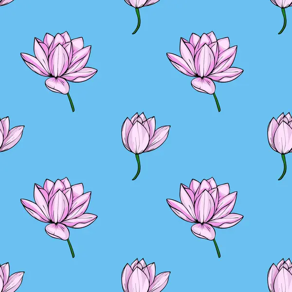 Bu vektör pürüzsüz desen açık pembe nilüfer çiçeklerinin tuhaf bir düzenini içeriyor, zarif bir şekilde açık mavi bir arkaplana saçılmış, sakin ve şık bir tasarım yaratıyor..