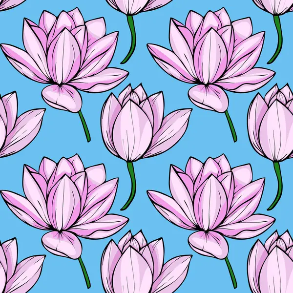 Hareketli, pürüzsüz bir desen üzerinde stilize pembe nilüfer çiçekleri, detaylı yapraklar ve yeşil saplar bulunan açık mavi bir arkaplan, sakin ve zarif bir tasarım yaratıyor..