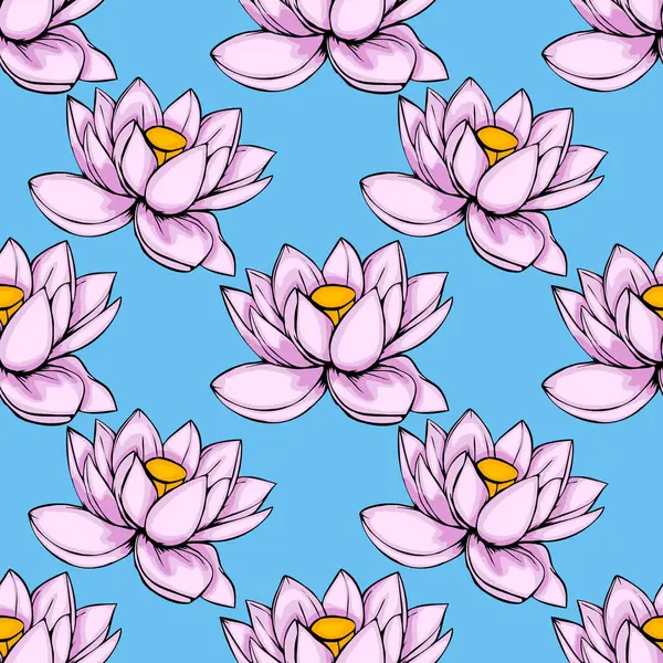 Parlak mavi arka plana karşı cesur hatları olan biçimlendirilmiş pembe nilüfer çiçekleri içeren canlı, pürüzsüz bir vektör deseni, çeşitli uygulamalar için neşeli ve enerjik bir tasarım yaratıyor..