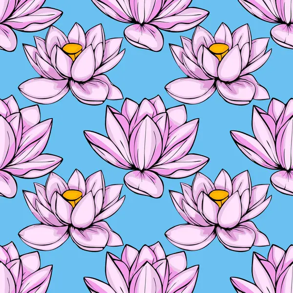 Pembe nilüfer çiçekleri içeren canlı ve pürüzsüz bir desen. Açık mavi arkaplan üzerinde kalın çizgiler var. Canlı ve yazlık bir estetik yaratıyor..