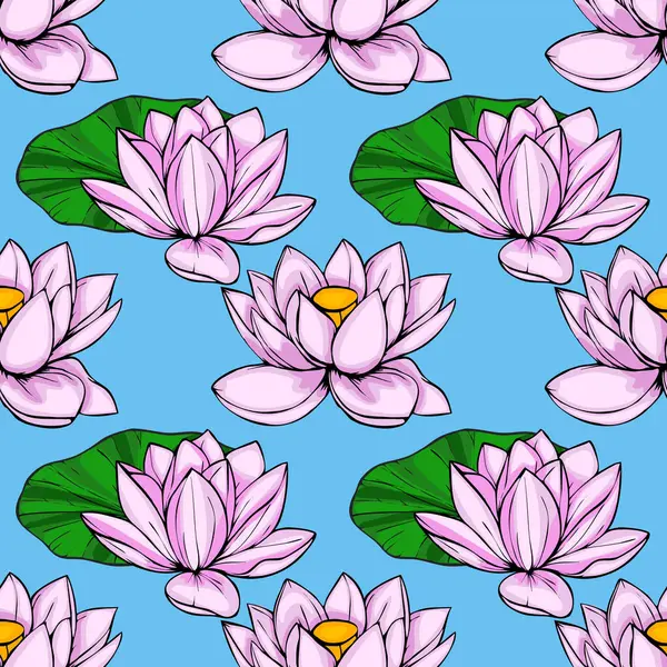 Sarı merkezli biçimlendirilmiş pembe nilüfer çiçekleri, açık mavi arkaplana karşı yemyeşil zambak pedleri üzerinde çiçek açan, sakin ve zarif bir tasarım yaratan canlı bir vektör..
