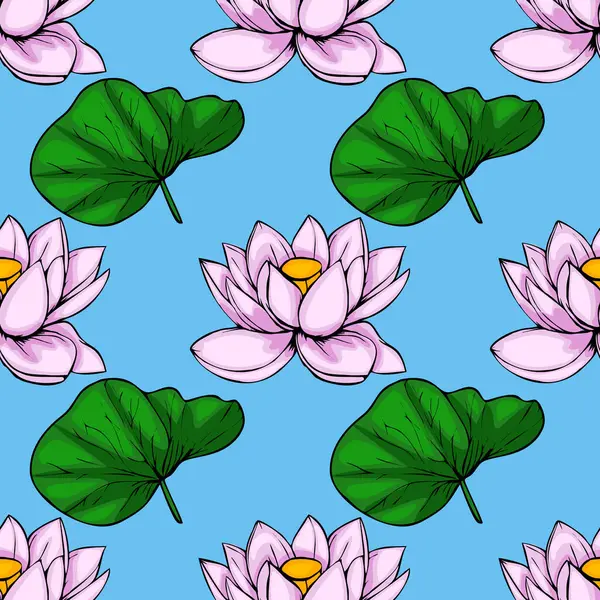 Şekil verilmiş pembe nilüfer çiçekleri ve açık mavi arka planda yemyeşil yapraklar içeren hareketli ve pürüzsüz bir desen, sakin ve zarif bir tasarım yaratıyor..