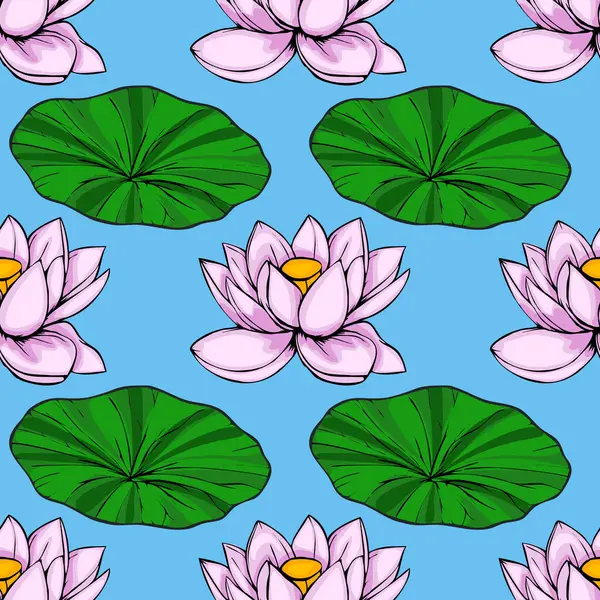 Pembe nilüfer çiçekleri ve açık mavi arkaplana karşı büyük yeşil zambak pedlerini içeren hareketli, pürüzsüz bir vektör deseni, sakin ve sakin bir su manzarası yaratıyor..