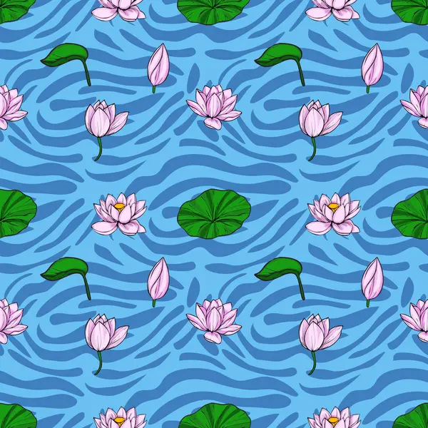 Zarif pembe nilüfer çiçekleri ve dalgalı desenli stilize mavi su yüzeyinde yüzen nilüfer yaprakları içeren pürüzsüz vektör deseni..