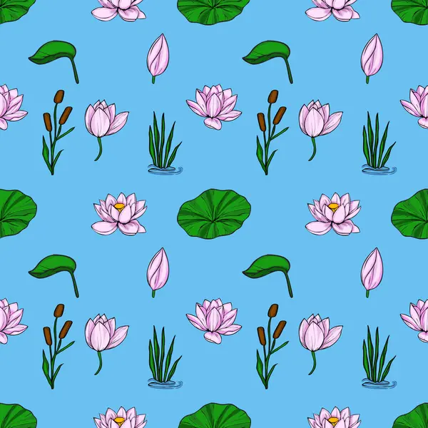 Pembe nilüfer çiçekleri, gür yeşil nilüfer yaprakları, kamışları ve kadife kuyrukları olan sakin bir gölet sahnesi sergiliyor..