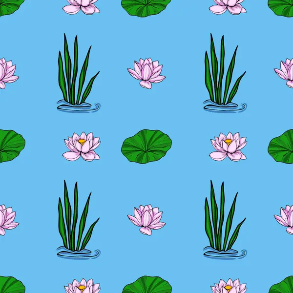 Narin pembe nilüfer çiçekleri, canlı yeşil nilüfer yaprakları ve yemyeşil su bitkilerinden oluşan pürüzsüz vektör deseni yumuşak mavi arka planda sakin bir su bahçesi sahnesi yaratıyor..