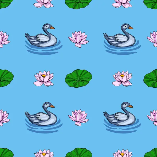 Pembe nilüfer çiçekleri ve nilüfer çiçekleri arasında yüzen biçimlendirilmiş ördekler içeren sakin ve pürüzsüz bir şablon..