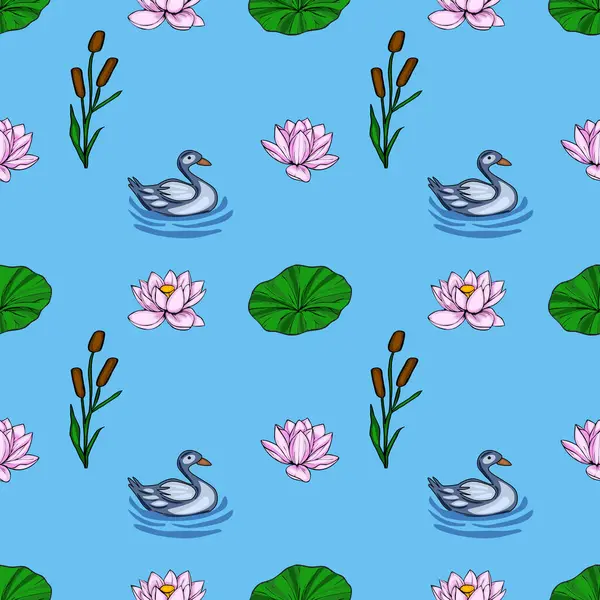 Zarif kuğuların, narin pembe nilüfer çiçekleri, canlı yeşil nilüferler ve uzun kahverengi baloncuklar arasında durgun mavi bir göl üzerinde süzülüşünü içeren sakin vektörsüz desen..