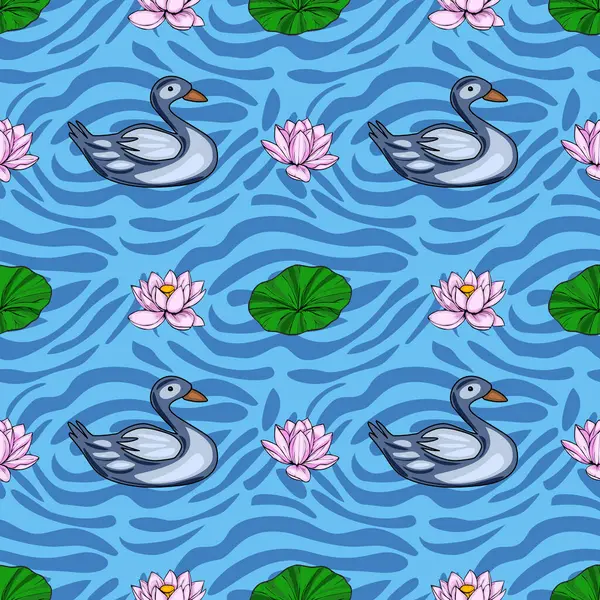 Hareketli mavi su yüzeyinde zarif bir şekilde süzülen biçimlendirilmiş gri ördekler içeren pürüzsüz vektör deseni narin pembe nilüfer çiçekleri ve yemyeşil nilüferler ile süslenmiş, sakin bir yeşil nilüfer yaprağı yaratıyor....