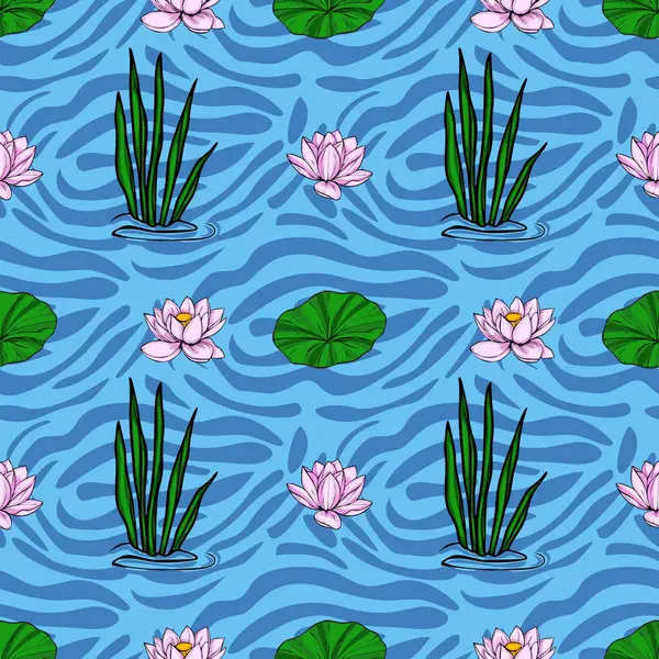 Şekillendirilmiş pembe nilüfer çiçekleri, canlı yeşil zambak pedleri ve dokulu mavi bir su yüzeyinde zarif bir şekilde yüzen su bitkilerinden oluşan pürüzsüz bir desen....