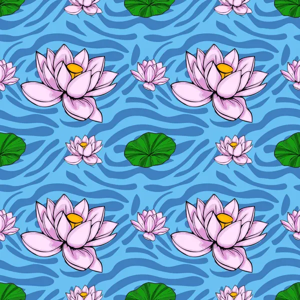 Şekillendirilmiş pembe nilüfer çiçekleri ve dalgalı mavi bir su yüzeyinde dalgalı, soyut bir dokuya sahip zambak pedleri içeren kusursuz bir vektör deseni..