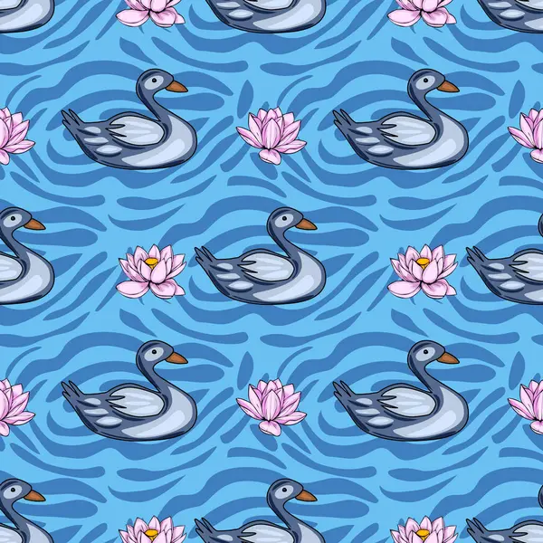 Pembe nilüferlerin arasında dinamik bir dalga dokusuna sahip canlı mavi su arka planında zarif bir şekilde yüzen biçimlendirilmiş gri ördekleri içeren kusursuz vektör deseni..
