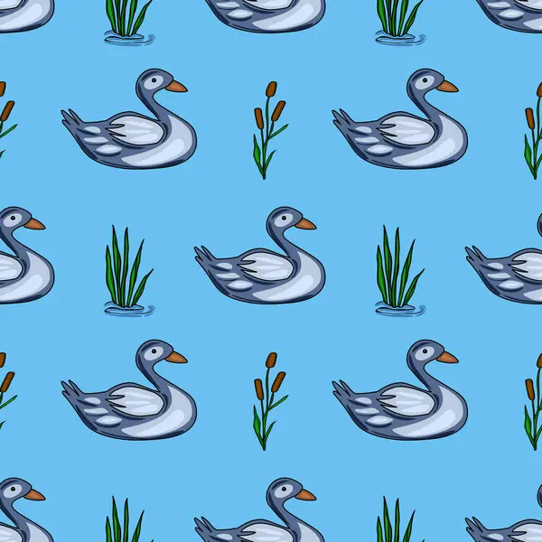 Açık mavi bir göl üzerinde huzur içinde yüzen biçimlendirilmiş gri ördekleri içeren kusursuz vektör deseni, neşeli yeşil sazlıklar ve kahverengi buluzlarla karışıp, dingin ve büyüleyici bir su kabuğu oluşturuyor....