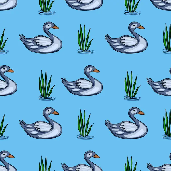 Şekillendirilmiş gri ördekler, dingin, açık mavi bir arkaplanda canlı yeşil kamışların arasında zarif bir şekilde yüzerler..