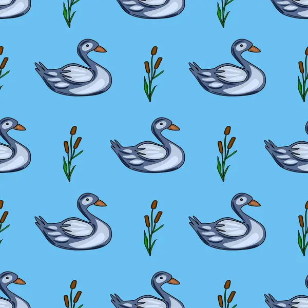 Açık mavi bir zemin üzerinde şekillendirilmiş gri ördekler ve kuyruklar içeren kusursuz vektör deseni büyüleyici ve sakin bir göl manzarası yaratıyor..