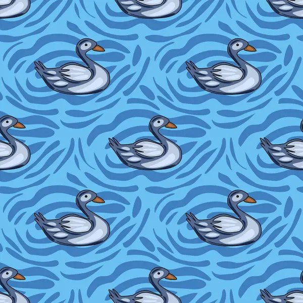 Dalgalı dinamik çizgilerle canlı mavi bir arka planda yüzen, hareketli ve rahatlatıcı bir su manzarası yaratan biçimlendirilmiş gri ördekler içeren kusursuz bir vektör deseni..
