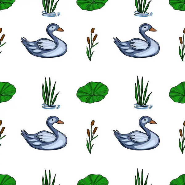 Gri renkli ördeklerin, yemyeşil kamışların, nilüferlerin ve kuyrukların arasında huzur içinde yüzerek sakin ve sakin bir su manzarası oluşturduğu büyüleyici bir vektörsüz desen..