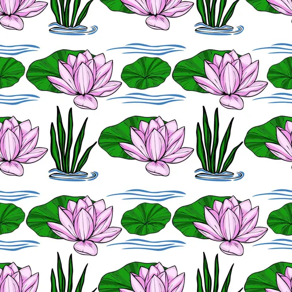 Zarif pembe nilüferler, canlı yeşil nilüferler ve bereketli su bitkileri içeren sakin, açık mavi bir su yüzeyinde zarifçe süzülen vektörsüz desenler..