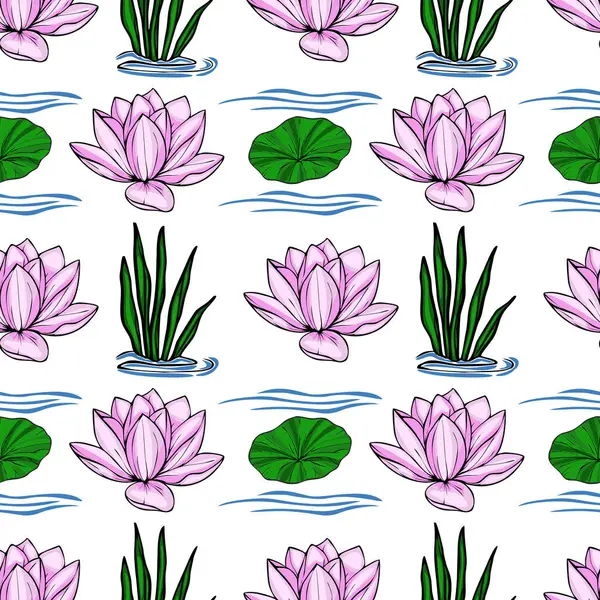 Bu vektörsüz desen, narin pembe nilüfer çiçekleri, canlı yeşil zambak pedleri ve yemyeşil su bitkileriyle durgun bir su manzarası içerir....