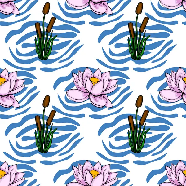 Pembe nilüfer çiçekleri ve soyut mavi ve beyaz dalgalı bir arka planda kabarcıklar içeren kusursuz bir vektör deseni, sakin ve zarif bir su tasarımı oluşturur..