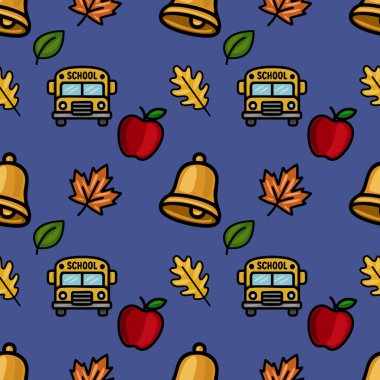 Okul otobüsleri, elmalar, çanlar ve sonbahar yaprakları ile birlikte eğitici tasarımlar için mükemmel, zevkli ve kusursuz bir geri dönüş temasını içeren kusursuz bir vektör deseni..