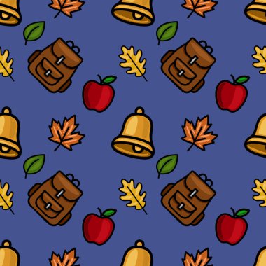 Kahverengi sırt çantalarını, altın çanlarını, kırmızı elmalarını ve sonbahar yapraklarını içeren, koyu mavi arka planda, okula dönüş tasarımları için ideal, büyüleyici, pürüzsüz bir vektör deseni..