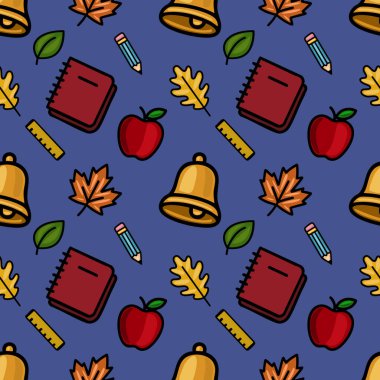 Okul malzemelerinin, sonbahar yapraklarının ve koyu mavi bir arka plana karşı cesur, özet bir şekilde tasarlanmış bir okul çanının eğlenceli bir karışımını içeren hareketli, pürüzsüz bir rota..