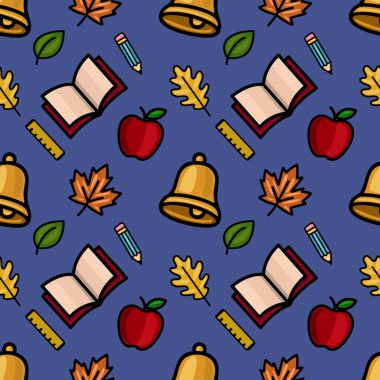 Okul malzemelerinin, sonbahar yapraklarının ve okula dönüş tasarımları için ideal, koyu mavi bir arka plana sahip bir okul çanının eğlenceli bir karışımını içeren hareketli, kusursuz bir vektör deseni..