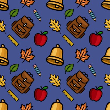 Okul malzemelerinin, sonbahar yapraklarının ve elmaların derin mavi arka planda olduğu, okula dönüş tasarımları için idealdir..