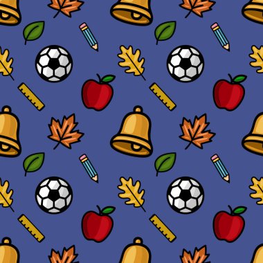 Okul malzemelerinin, sonbahar yapraklarının ve bir futbol topunun yer aldığı canlı, pürüzsüz bir vektör deseni, koyu mavi bir arka planda eğlenceli bir okula dönüş tasarımı yaratıyor..