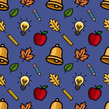 Okul malzemeleri, sonbahar yaprakları ve derin mavi arka planda elmalar içeren canlı vektörsüz desen, eğitim tasarımları ve okula dönüş projeleri için ideal..