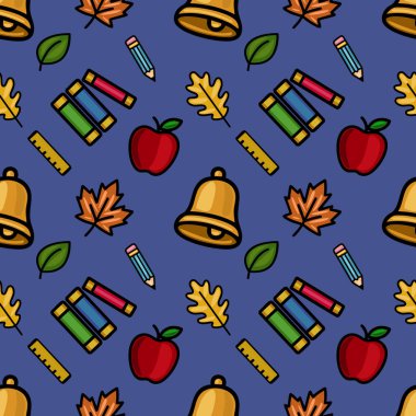 Okul malzemeleri, güz yaprakları ve elmalardan oluşan neşeli bir vektör deseni, okula dönüş tasarımları ve sonbahar temalı projeler için mükemmel..