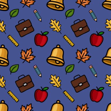 Okul malzemelerini, sonbahar yapraklarını ve okul çanını içeren canlı bir vektörsüz şablon, güz temalı projeler için mükemmel neşeli bir okula dönüş tasarımı yaratıyor..