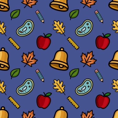 Koyu mavi bir arka planda neşeli ve okula geri dönüş atmosferi yaratan, okul malzemelerinin, sonbahar yapraklarının ve elmaların eğlenceli bir karışımını içeren hareketli bir vektör deseni..