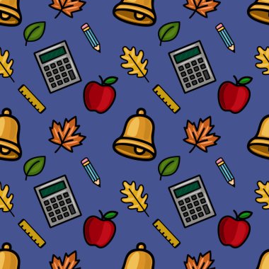 Okul malzemelerinin, sonbahar yapraklarının ve okul çanlarının eğlenceli bir karışımını içeren hareketli, pürüzsüz bir vektör deseni, neşeli bir okula dönüş tasarımı oluşturuyor..