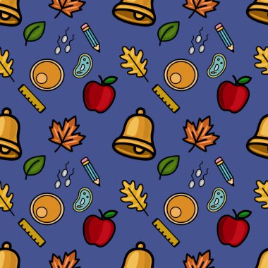 Okul malzemeleri, sonbahar yaprakları ve derin mavi arka planda bilimsel unsurları içeren hareketli ve pürüzsüz bir model. Eğitici tasarımlar için ideal..