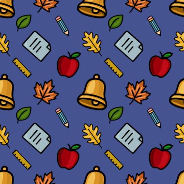 Okul malzemeleri, sonbahar yaprakları ve koyu mavi arka planda elmaları içeren, okula dönüş tasarımları ve sonbahar temalı projeler için ideal, neşeli, pürüzsüz bir şablon..