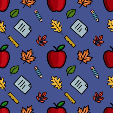 Kırmızı elmalar, sonbahar yaprakları, kalemler, hükümdarlar ve kağıtlardan oluşan canlı bir vektörsüz desen, güz temalı projeler için mükemmel neşeli bir okula dönüş tasarımı yaratıyor..