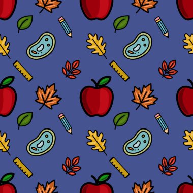Koyu mavi arka planda kırmızı elmalar, sonbahar yaprakları, kalemler ve yöneticilerden oluşan hareketli bir vektör, neşeli bir okula dönüş tasarımı yaratıyor..