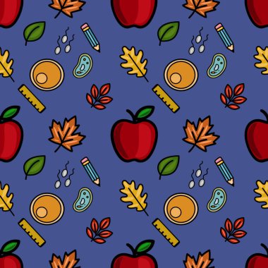 Bu vektör pürüzsüz desen, sonbahar yapraklarının eğlenceli bir karışımını, kalem ve cetvel gibi okul malzemelerini, hücre ve spermin bilimsel çizimlerini içerir, hepsi de koyu mavi bir arka gruba karşıdır....