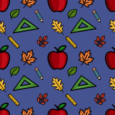 Kırmızı elmalar, sonbahar yaprakları, kalemler, cetveller ve kareleri koyu mavi arkaplanlı, okula dönüş tasarımları için ideal, canlı vektörsüz desen..