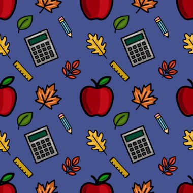 Kırmızı elmalar, hesap makineleri, kalemler, yöneticiler ve sonbahar yapraklarından oluşan canlı bir vektör dizaynı, okula dönüş tasarımları ve sonbahar temalı projeler için idealdir..
